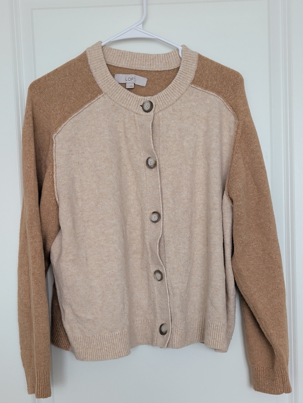 LOFT Two-Tone Cream & Tan Button-Front Cardigan